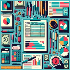 A detailed, flat design illustration using a limited color palette dominated by shades of teal, blue, red, purple, and mustard, with clean lines and a two-dimensional perspective. Emphasize a clutter-free and aesthetic composition, indicative of organized financial management. Generate some images for my Form 1065, Partnership Tax Return blog post