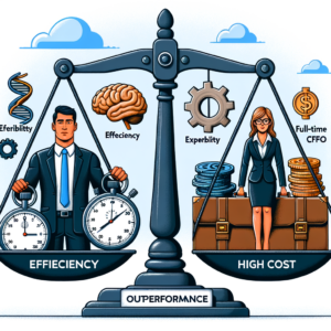 The image depicts a balanced scale with two sides, symbolizing a comparison between the efficiency of CFO services and the high costs associated with full-time CFOs. On the left side, labeled "EFFICIENCY," there's a male figure holding a stopwatch in each hand, with symbols representing adaptability, a brain for expertise, and gears for operational efficiency. On the right side, labeled "HIGH COST," a female figure stands on a pile of coins, next to a briefcase and dollar symbol, representing the full-time CFO. Below the scale, the word "OUTPERFORMANCE" suggests that the efficiency of part-time CFO services outweighs the high cost of hiring full-time CFOs. This image may be relevant for content discussing the benefits of CFO services over traditional in-house CFO hiring in terms of cost-efficiency and operational effectiveness.