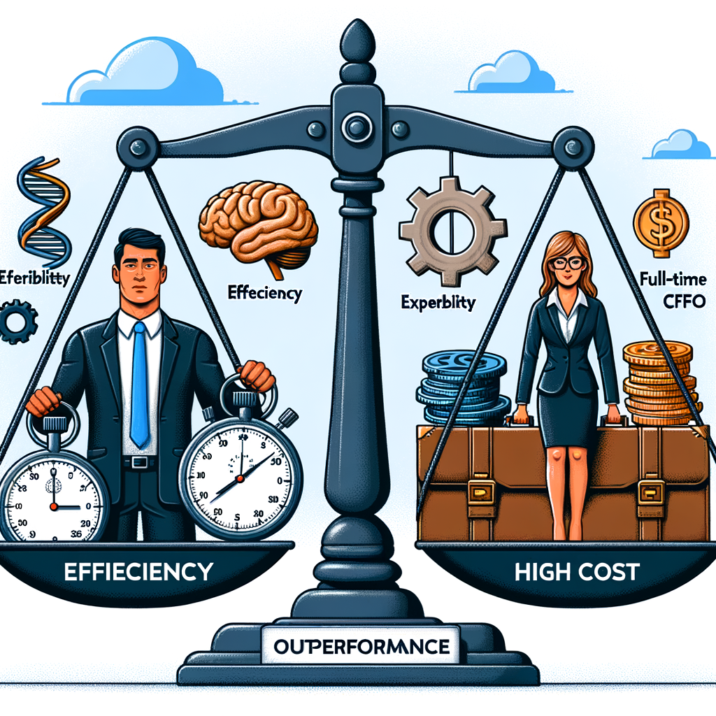 The image depicts a balanced scale with two sides, symbolizing a comparison between the efficiency of CFO services and the high costs associated with full-time CFOs. On the left side, labeled "EFFICIENCY," there's a male figure holding a stopwatch in each hand, with symbols representing adaptability, a brain for expertise, and gears for operational efficiency. On the right side, labeled "HIGH COST," a female figure stands on a pile of coins, next to a briefcase and dollar symbol, representing the full-time CFO. Below the scale, the word "OUTPERFORMANCE" suggests that the efficiency of part-time CFO services outweighs the high cost of hiring full-time CFOs. This image may be relevant for content discussing the benefits of CFO services over traditional in-house CFO hiring in terms of cost-efficiency and operational effectiveness.
