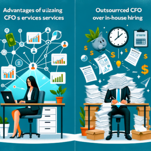 The image is a vibrant, illustrative comparison between the advantages of utilizing CFO services and the implications of outsourced CFO over in-house hiring. On the left side, under the heading "Advantages of utilizing CFO services," there is a professional woman seated at a desk, working on a laptop with various financial and analytical icons connected around her, symbolizing the interconnected benefits of CFO services such as financial planning, analysis, and cash flow management. The environment suggests an organized and strategic approach to <a href=