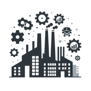 Industrial buildings surrounded by gears and bar graph charts